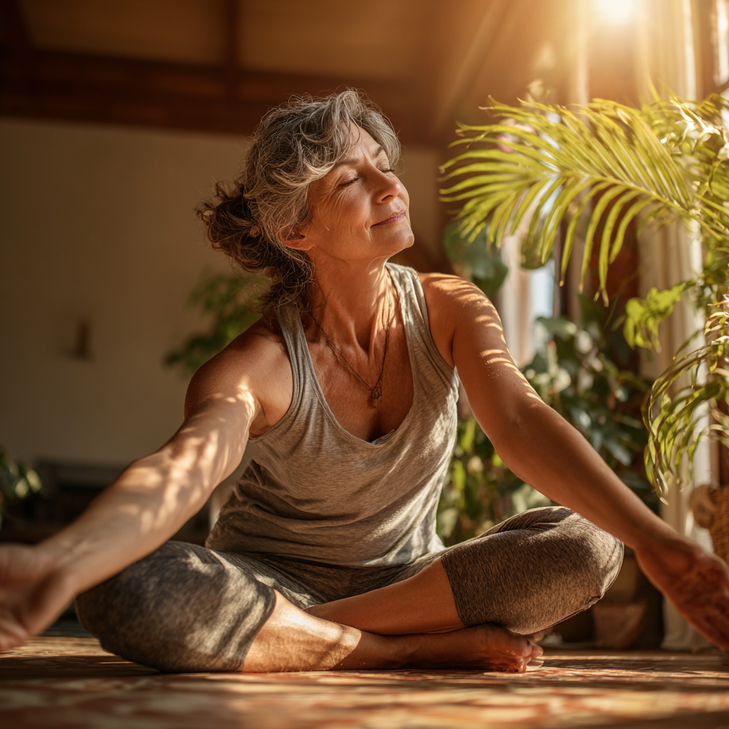 Жінка 55 років виконує асану йоги в комфортній домашній обстановці, демонструючи гнучкість та спокій