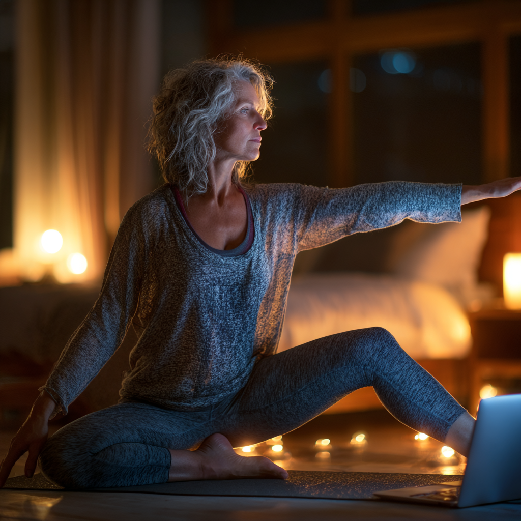 Жінка 60 років займається йогою онлайн вдома, дивлячись на екран комп'ютера та виконуючи асану воїна